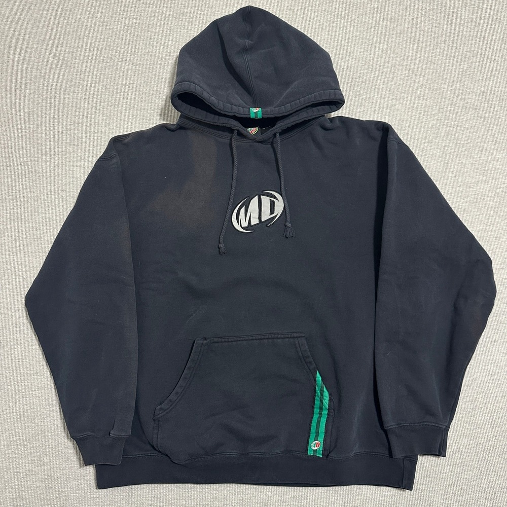 Mountain Dew MD Embroidered Logo Black Hoodie Pullover Y2K Promo Soda Mens XL